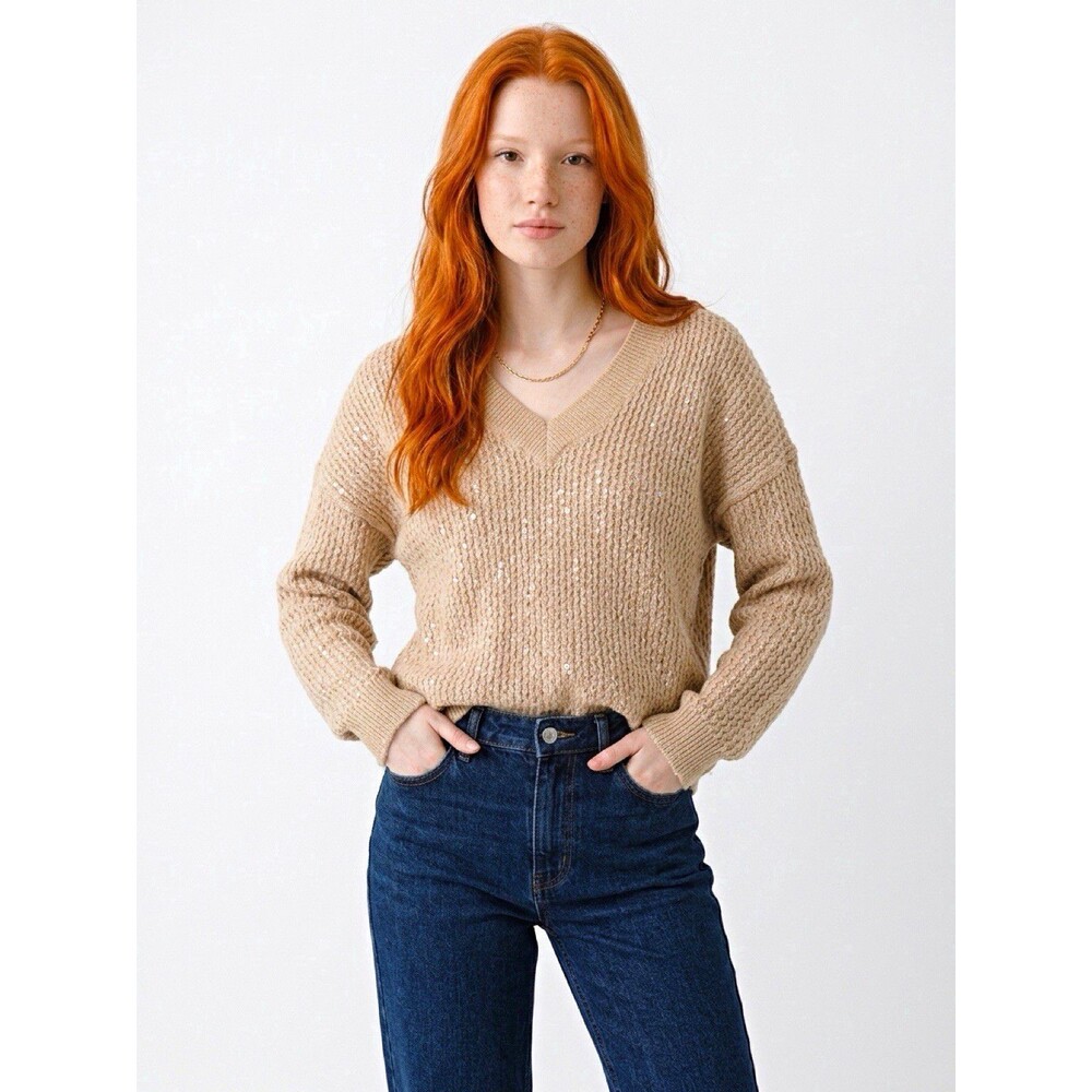 H&M Women’s Beige Metallic Knit Crew Neck Long Sleeve Pullover Sweater M